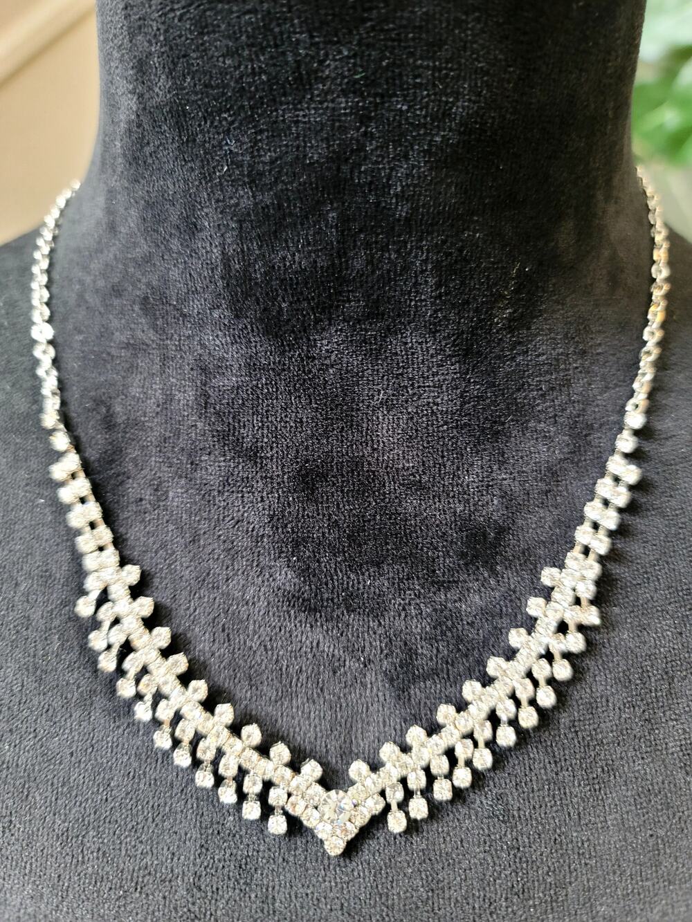 White Crystal Beaded Chevron Statement Necklace Elegant